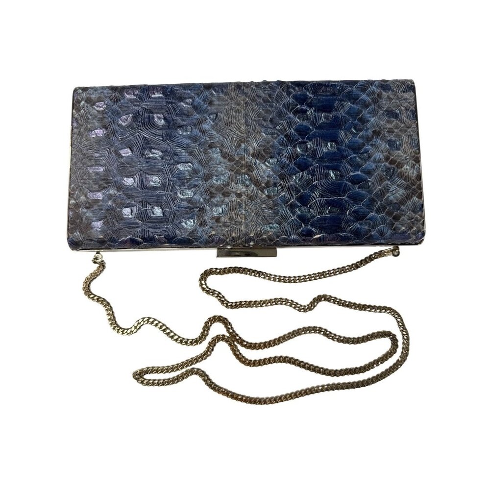 Dee Ocleppo Blue Embossed Snake Print Clutch With Gold Chain Strap - 10" X 4.5"